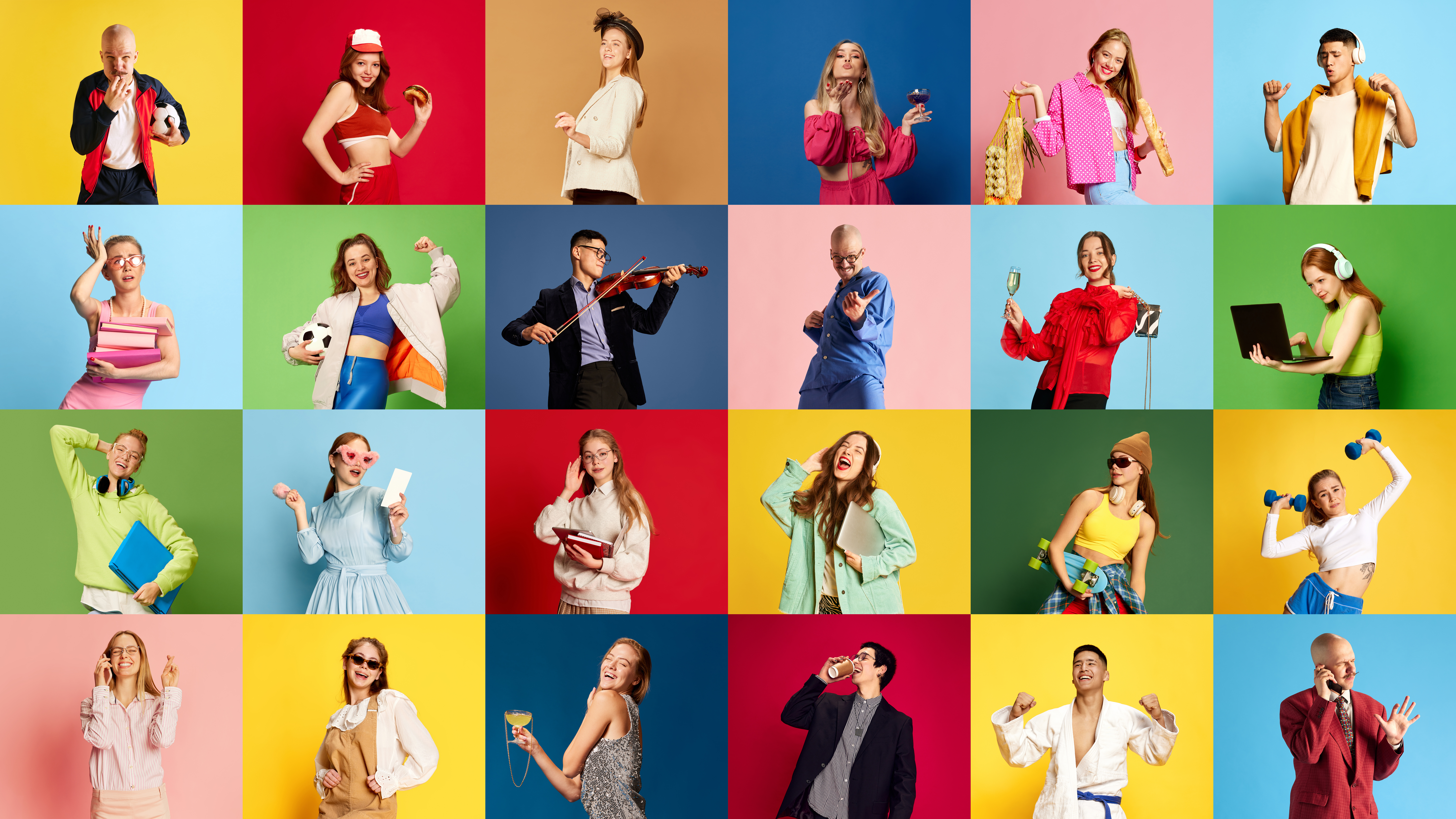 Collage made of portraits of ethnically diverse people, men and women showing types of wor and employement, with happy faces over multicolored background. Concept of happiness, youth, success, motivation and team.
