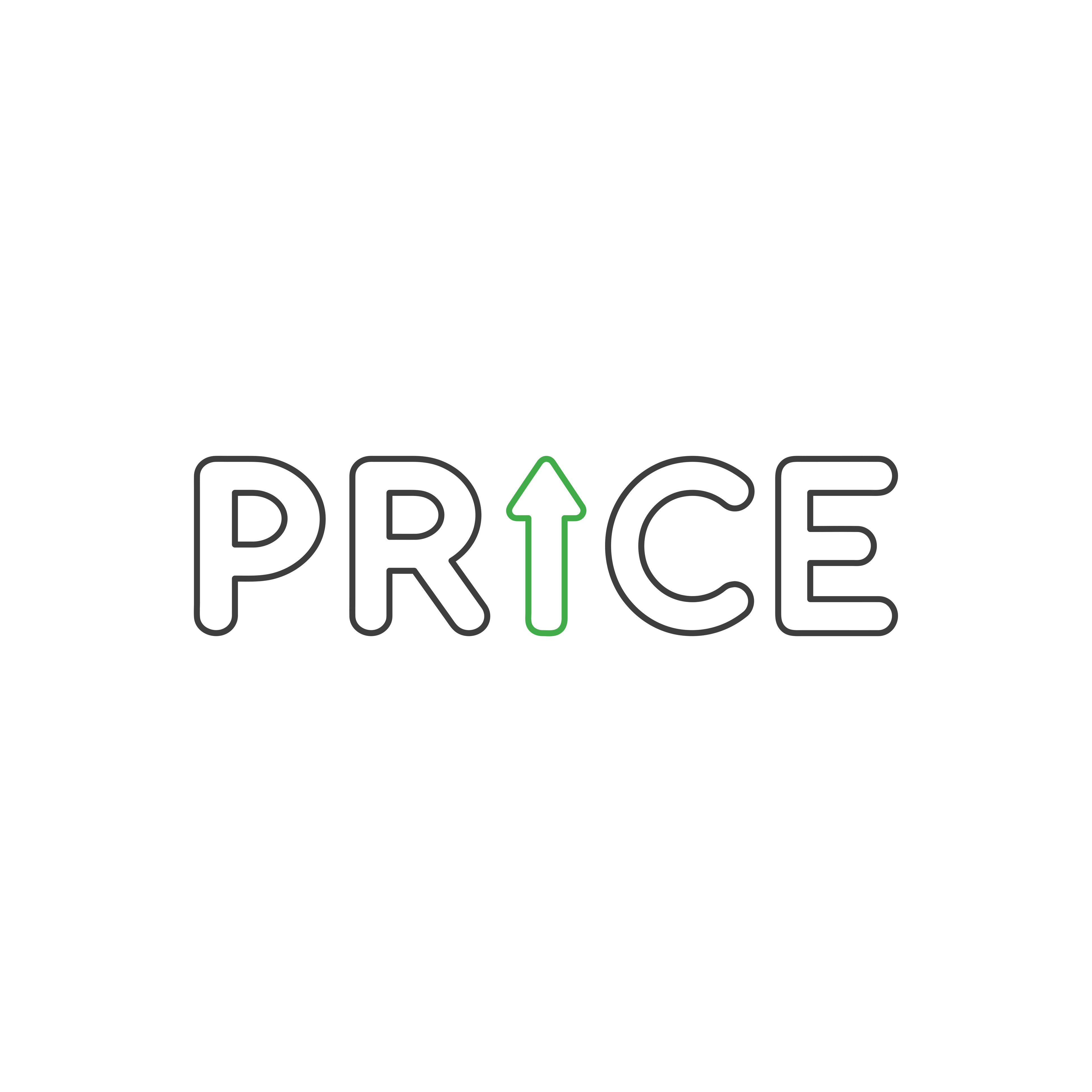 Vector icon concept of price word with green arrow moving up. White background and colored.